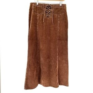 Brown Corduroy Lace-Up Maxi Skirt, Gored Trumpet Skirt, Boho Design